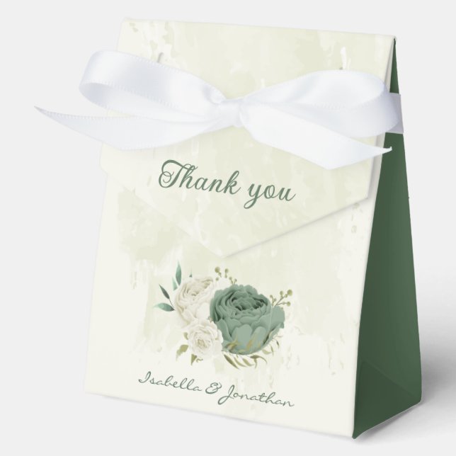 sage green white flowers wedding favour box (Front)