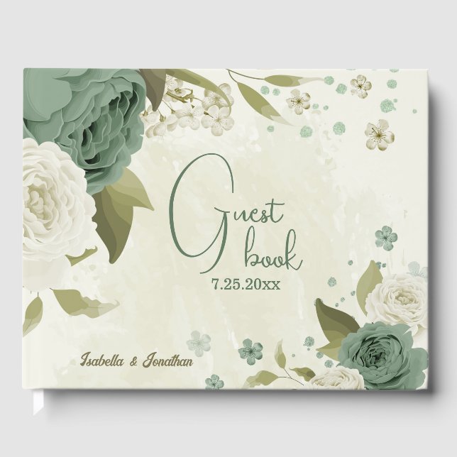 sage green white flowers wedding guest book (Front)