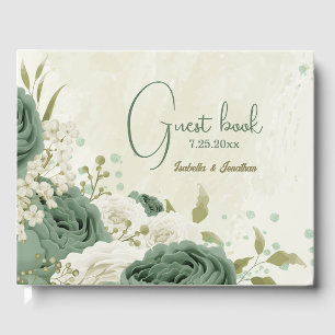 sage green white flowers wedding guest book