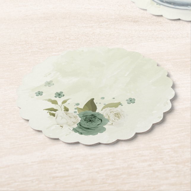 sage green white flowers wedding paper coaster (Angled)