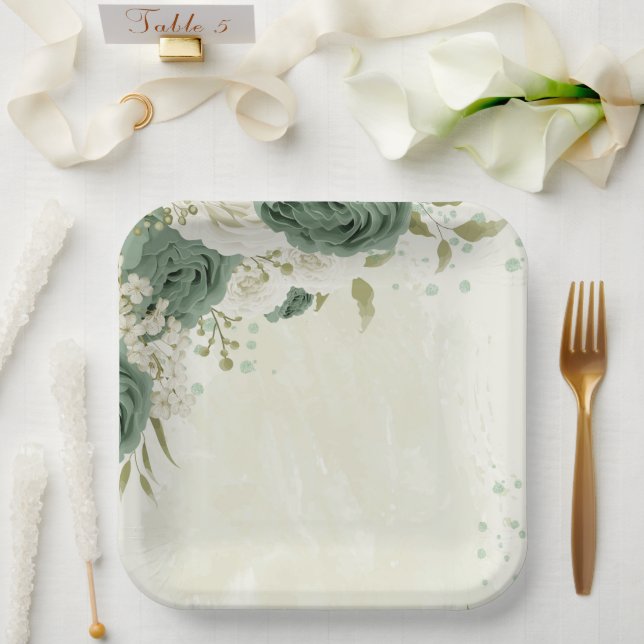 sage green white flowers wedding paper plate (Wedding)