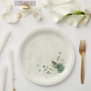 sage green white flowers wedding paper plate