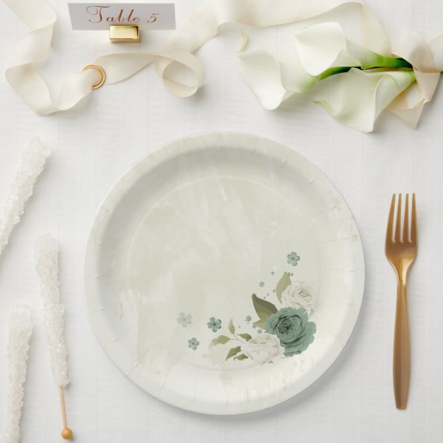 sage green white flowers wedding paper plate (Wedding)