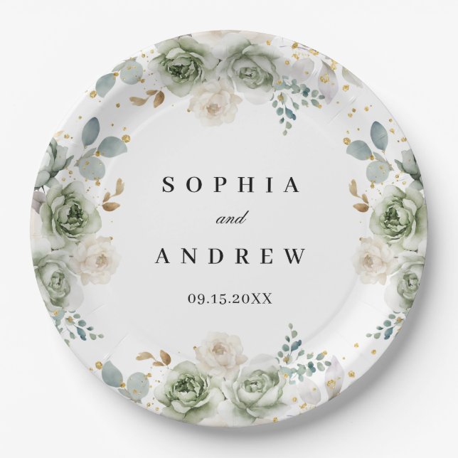 Sage Green & White Flowers Wedding Paper Plates (Front)
