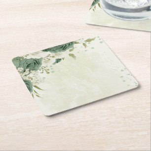 sage green white flowers wedding square paper coaster
