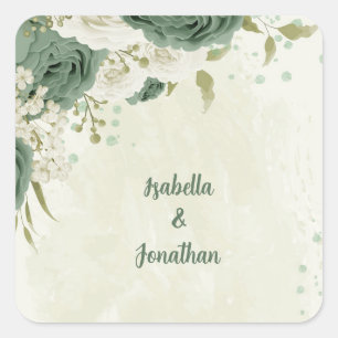 sage green white flowers wedding square sticker
