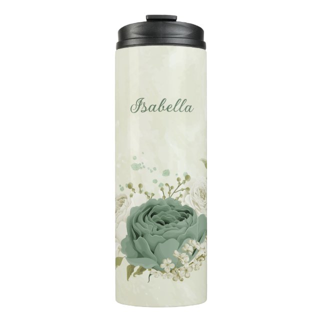 sage green white flowers wedding thermal tumbler (Front)