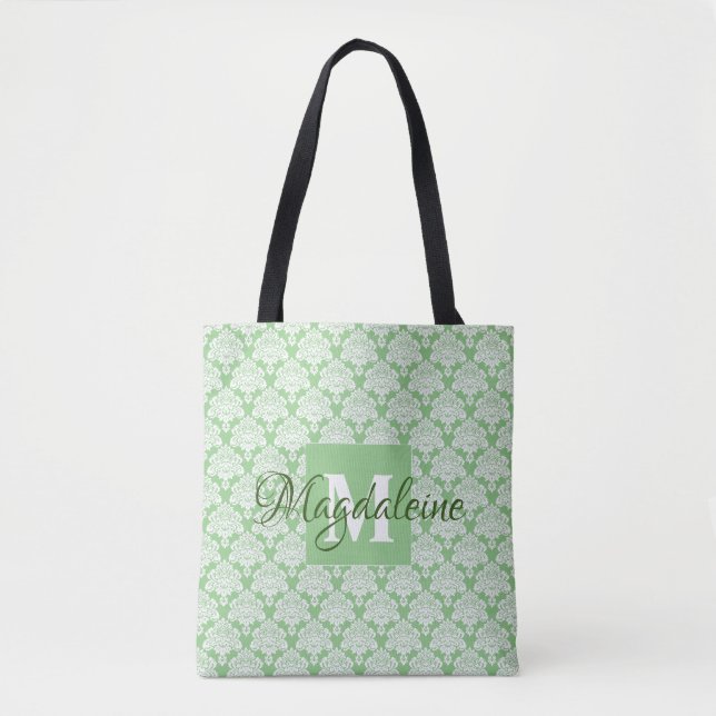 Sage Green & White Frilly Damask Monogrammed Tote Bag (Front)