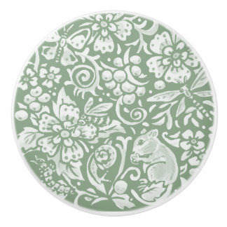 Sage Green White Garden Animals Floral Pattern   C Ceramic Knob