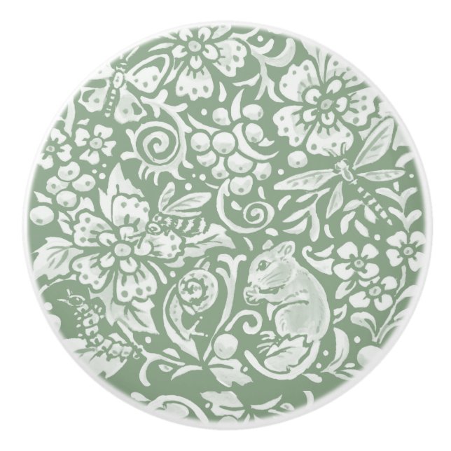 Sage Green White Garden Animals Floral Pattern   C Ceramic Knob (Front)
