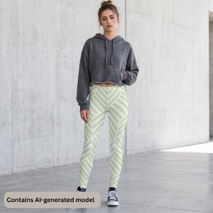 Sage Green White Geometric Chevron Zigzag Stripe Leggings