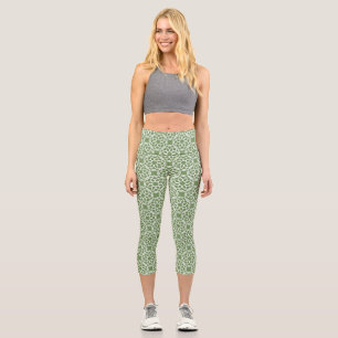 Sage Green White Geometric Seamless Pattern Capri Leggings
