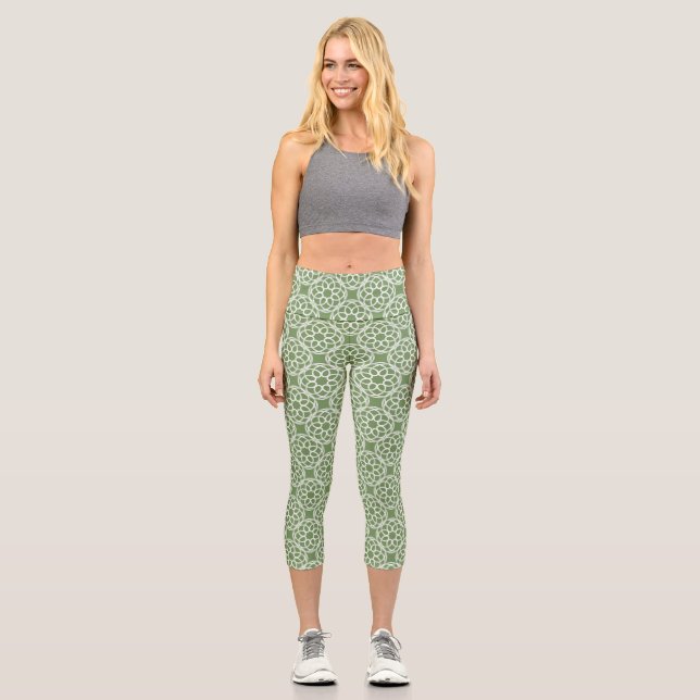Sage Green White Geometric Seamless Pattern Capri Leggings (Front)