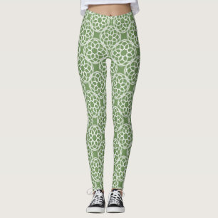 Sage Green White Geometric Seamless Pattern Leggings