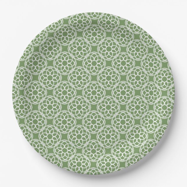 Sage Green White Geometric Seamless Pattern Paper Plate (Front)