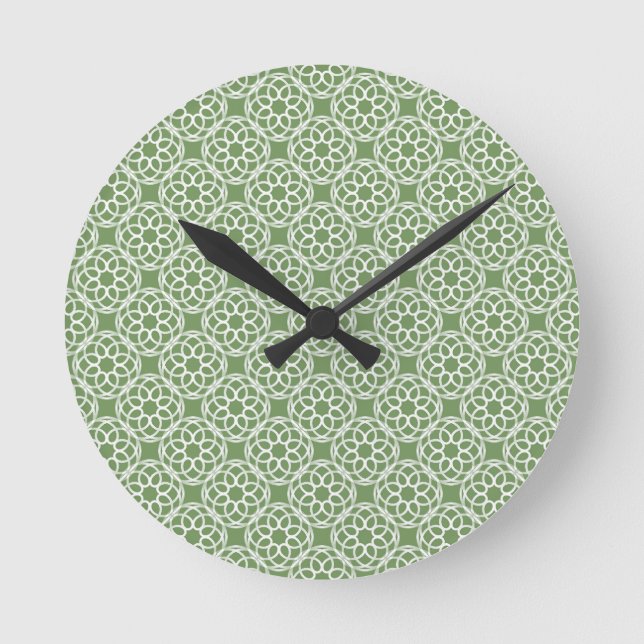 Sage Green White Geometric Seamless Pattern Round Clock (Front)