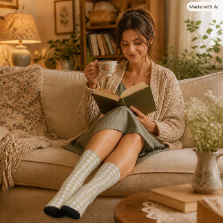 Sage Green & White Gingham Check Pattern Socks