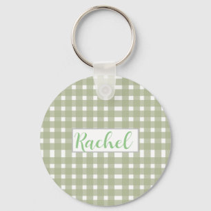 Sage Green White Gingham Personalised Key Ring