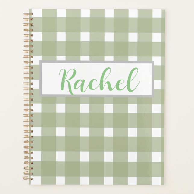 Sage Green White Gingham Personalised  Planner (Front)