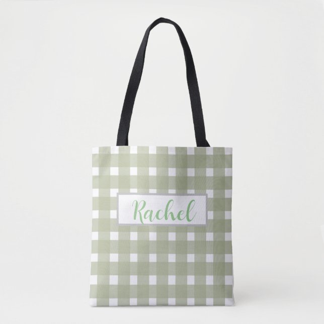 Sage Green White Gingham Personalised Tote Bag (Front)