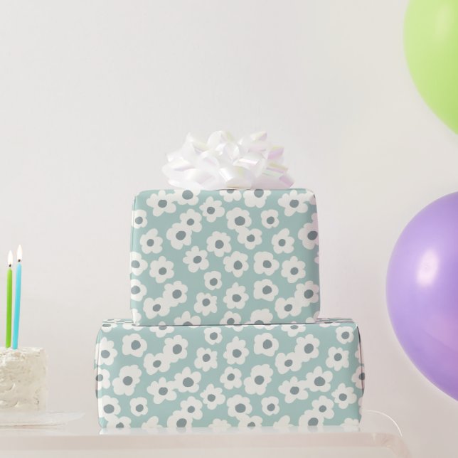 Sage Green White Grey Floral Boho Trendy Wrapping Paper (Party Gifts)
