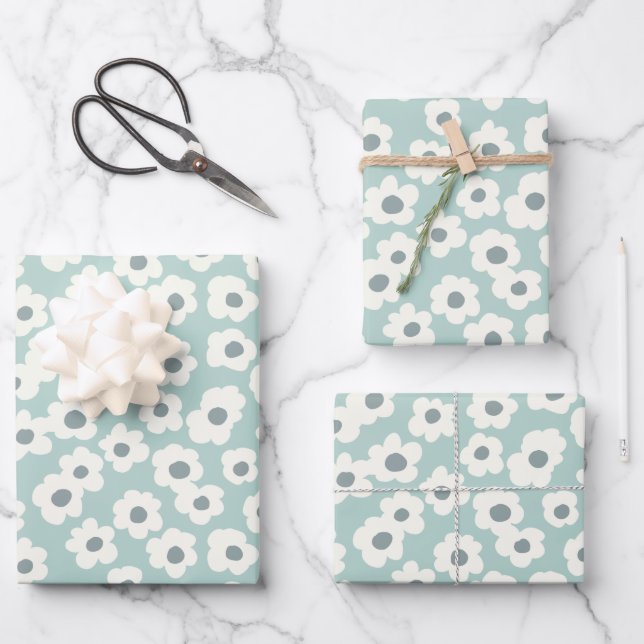 Sage Green White Grey Floral Boho Trendy  Wrapping Paper Sheet (Front)