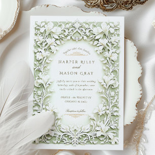 Sage Green White Iris Wedding Faux Embossed Design Invitation