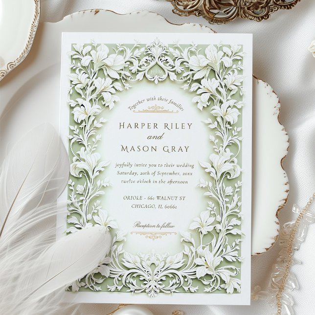 Sage Green White Iris Wedding Faux Embossed Design Invitation (Creator Uploaded)