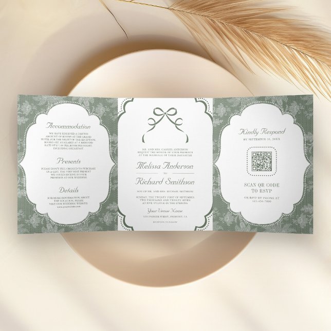 Sage Green White Lace Coquette Bow QR Code Wedding Tri-Fold Invitation (Creator Uploaded)