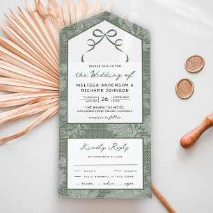 Sage Green White Lace Coquette Bow Wedding All In One Invitation