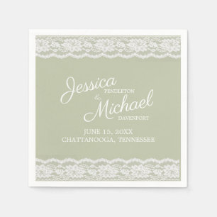 Sage Green White Lace Wedding Names Date Napkin