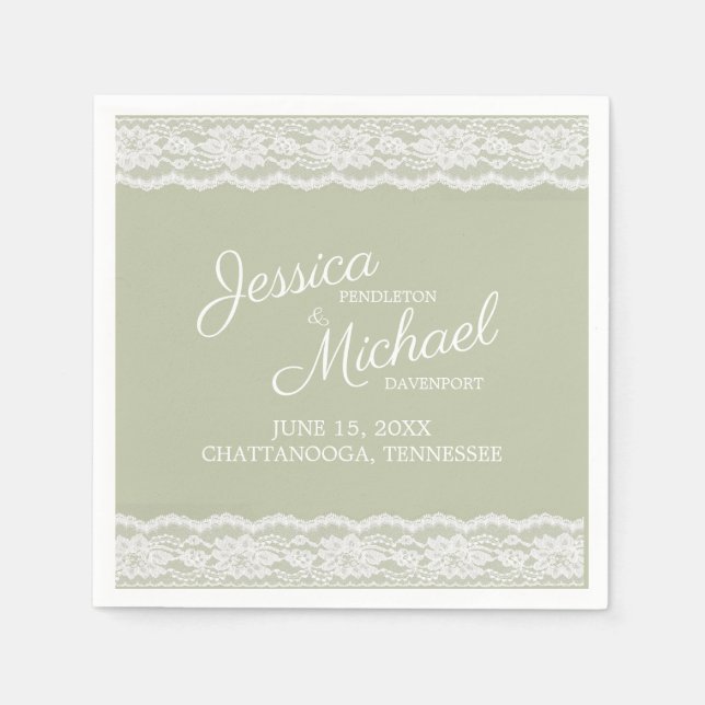 Sage Green White Lace Wedding Names Date Napkin (Front)