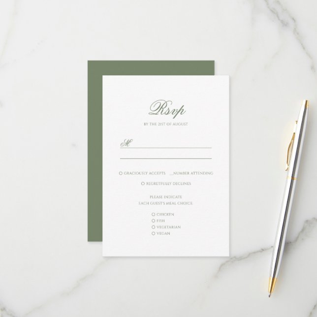 Sage Green & White Leaf Monogram Crest Wedding RSVP Card (Front/Back In Situ)