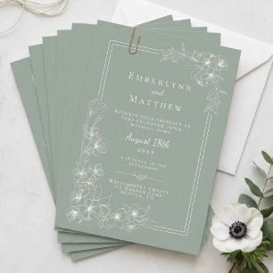 Sage Green White Line Art Floral Botanical Wedding Invitation