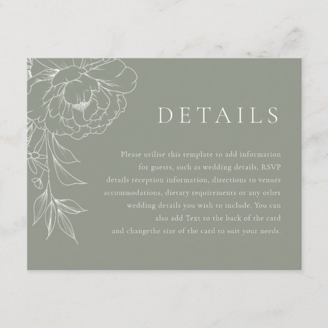 Sage Green White Line Art Floral Wedding Details Enclosure Card (Front)