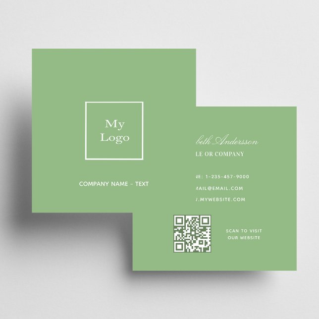 Sage green white logo QR code Square Business Card (Creator Uploaded)