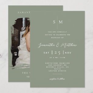 Sage Green & White Minimalist Photo Wedding Invitation