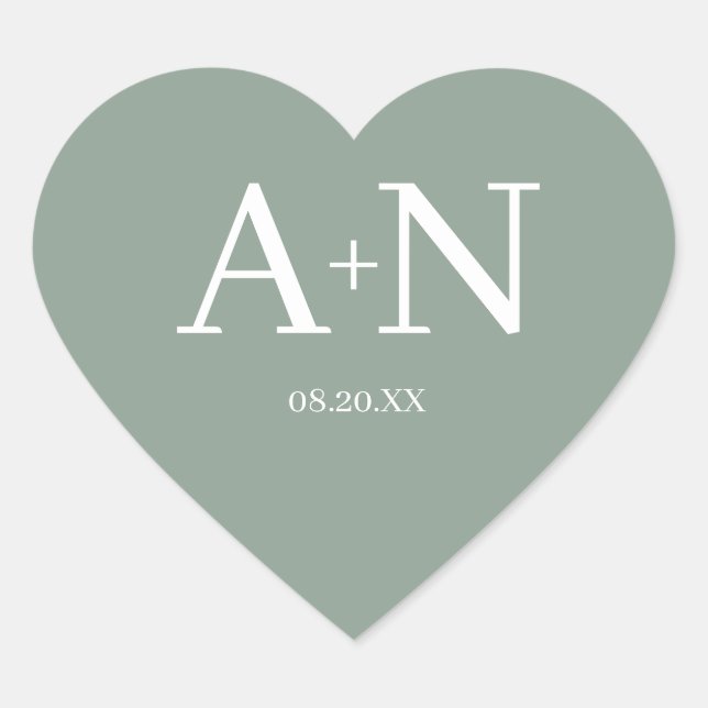 Sage Green White Minimalist Wedding Monogram  Heart Sticker (Front)