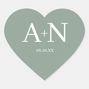 Sage Green White Minimalist Wedding Monogram  Heart Sticker
