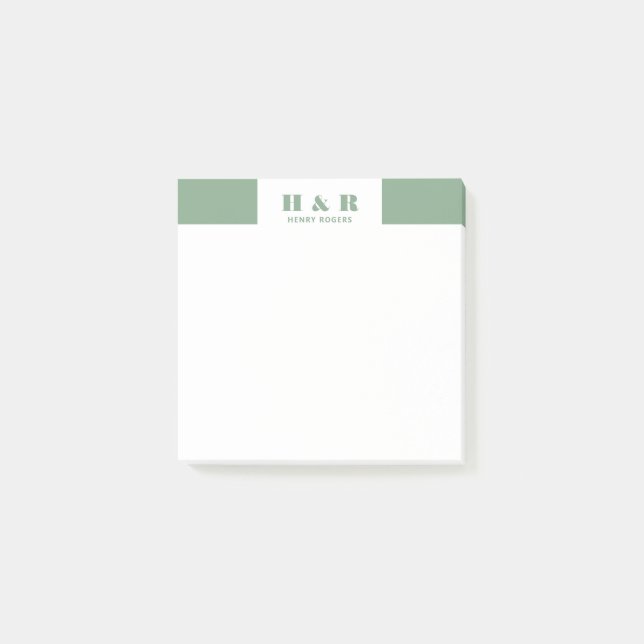 Sage-Green & White Minimalistic Modern Monogram Post-it Notes (Front)