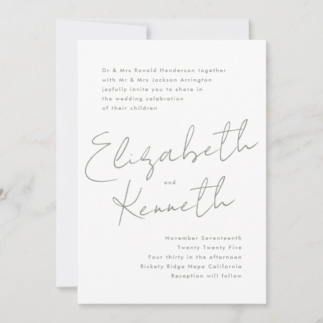 Sage Green White Modern Custom Names Wedding Invitation (Front)