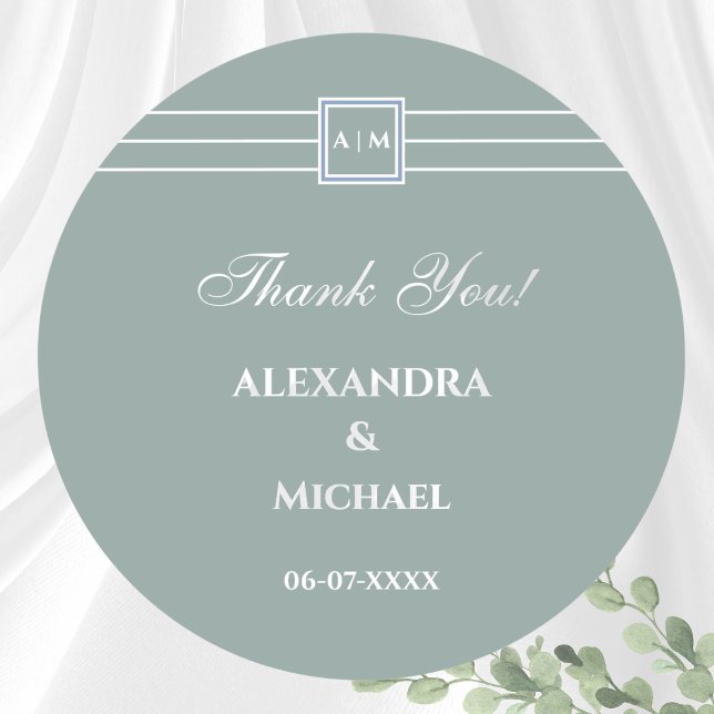 Sage Green White Modern Wedding Thank You Classic Round Sticker (Creator Uploaded)