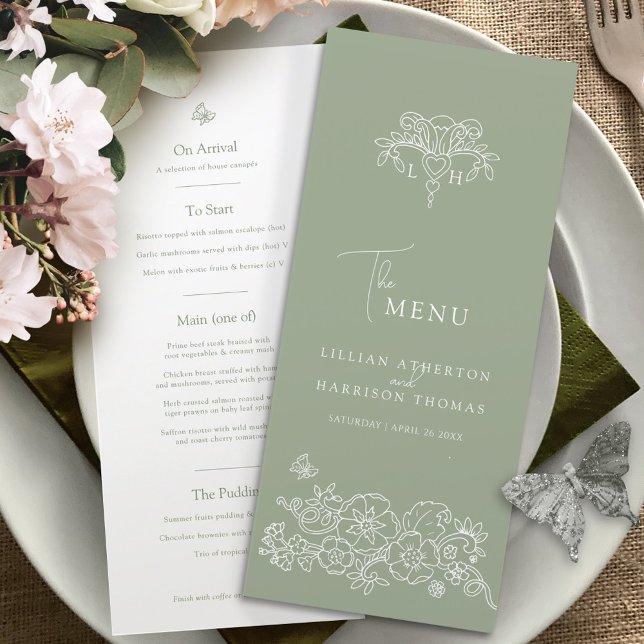 Sage green white monogram fleur de lis wedding menu (Creator Uploaded)