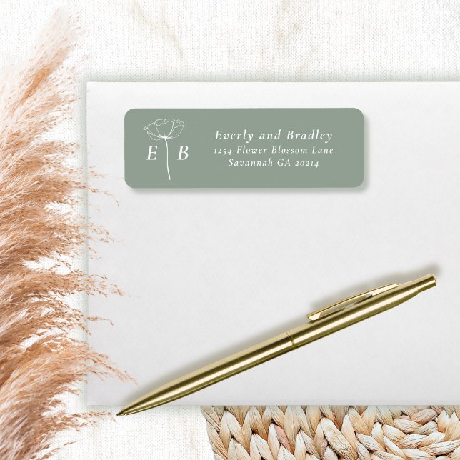 Sage Green White Monogram Floral Accent Address (Creator Uploaded)