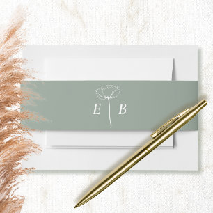 Sage Green White Monogram Floral Accent Initial Invitation Belly Band