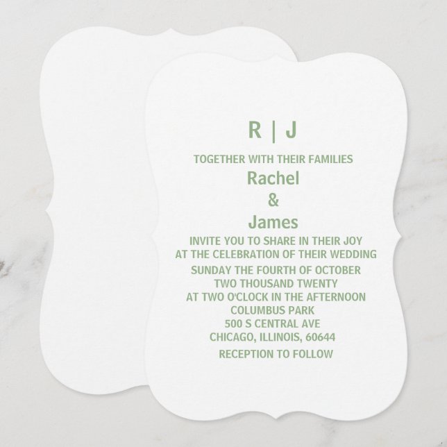 Sage Green White Monogram Initials Custom Wedding Invitation (Front/Back)