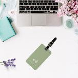 Sage green white monogram initials luggage tag<br><div class="desc">A trendy sage green coloured background. Personalise and add your monogram letters and full name on the front. Your contact information on the back.</div>