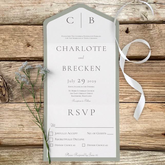 Sage Green & White Monogram Minimal Dinner All In One Invitation (Creator Uploaded)