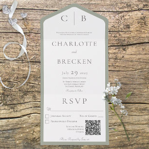 Sage Green & White Monogram Minimal QR Code All In One Invitation