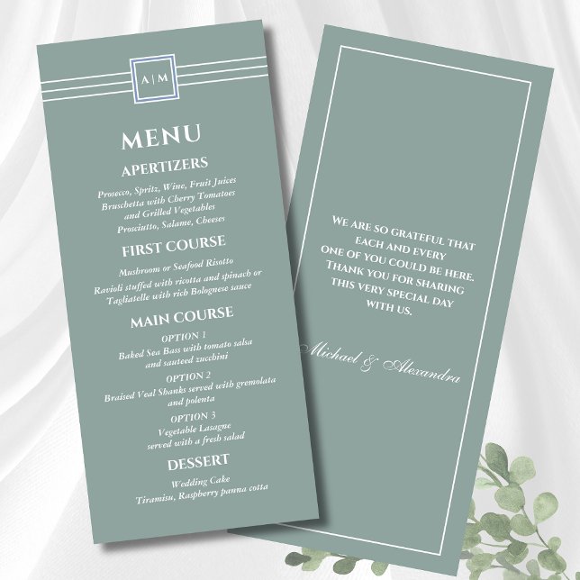 Sage Green White Monogram Modern Wedding Menu (Creator Uploaded)
